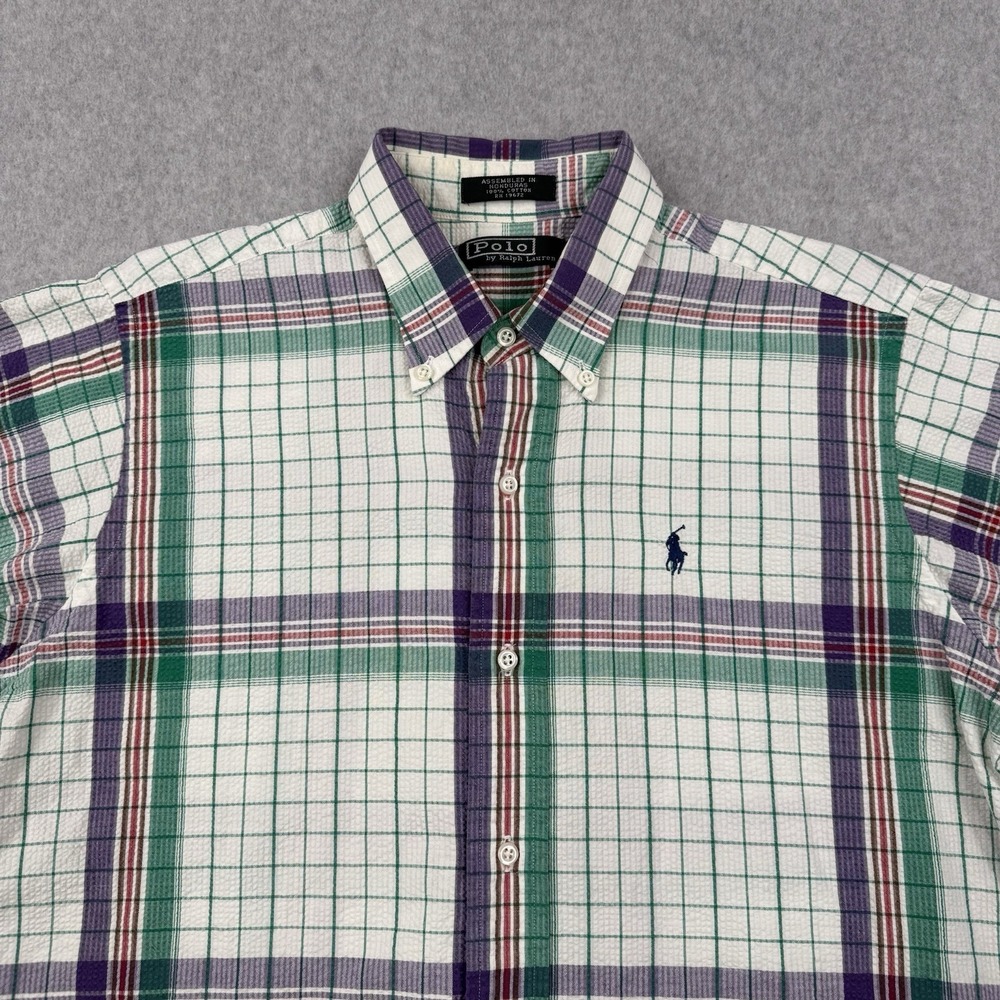 Polo Ralph Lauren Shirt Mens Medium White Green‎ Label Seersucker Preppy Cotton - Picture 2 of 11